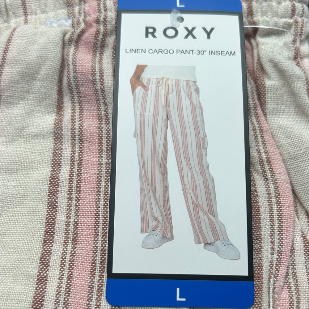 Roxy Pink and White Striped Linen Cargo Pants L, XL NWT - Picture 3 of 3